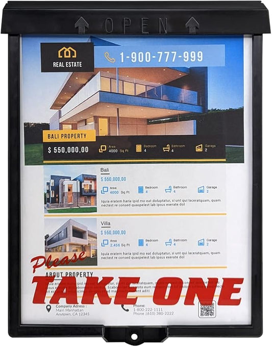 Outdoor Real Estate Brochure Box with Snap Shut Lid, Take One Document Holder Holds 100+ 8.5x11 Documents, Flyers, Literature and Other Outdoor Marketing Needs