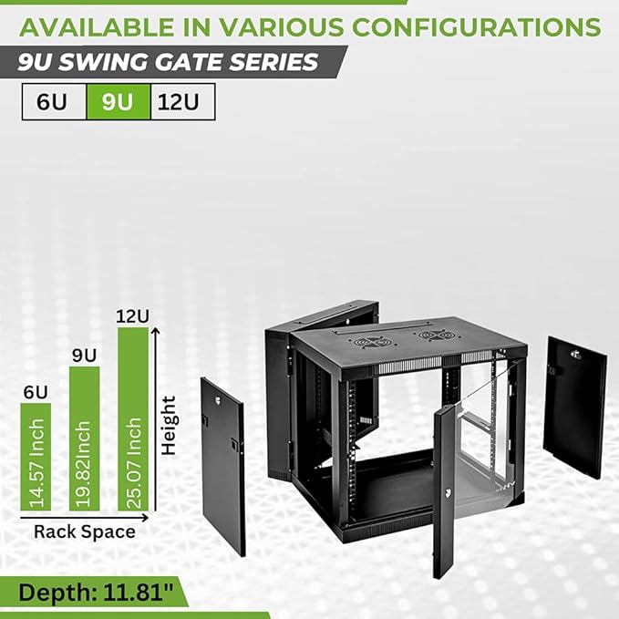 NavePoint 9U Server Cabinet with Hinged Back - 17.7” Deep, 9U Server Rack Enclosure with Locking Glass Door, Wall Mount Rack with Removable Side Panels, 9U Network Cabinet with 2 Fans, Pre-Assembled