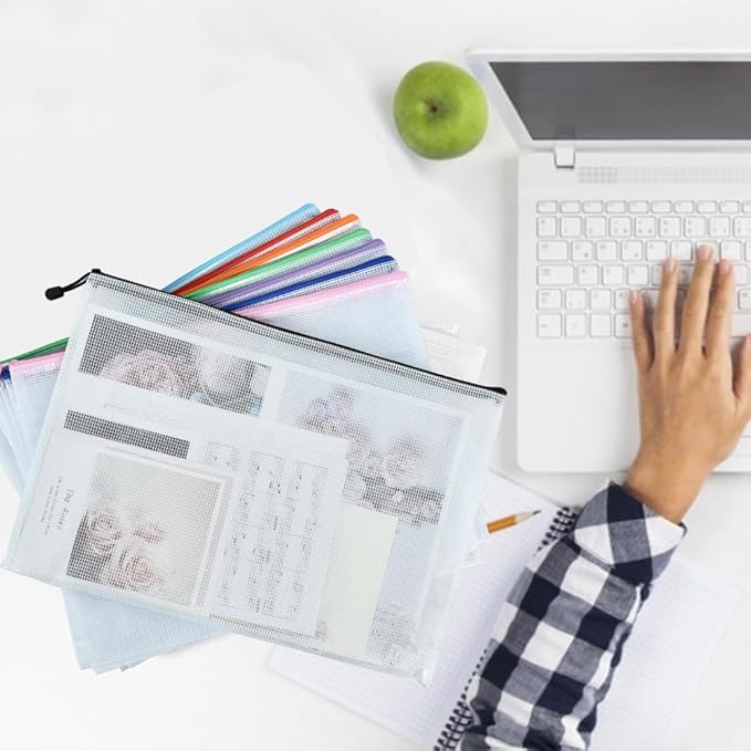 Vuzvuv A3 Size-22pcs 16.9"x 12" Mesh Zipper Pouch Zipper Bags,8 Colors Document File Folders with Label Sticker,Plastic Mesh Bag for File, Makeup, Board Game School Office Home Travel Storage