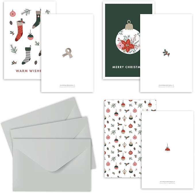 CARDAMONOLY Christmas Cards - Assorted Happy Holidays Cards Boxed with 24 Cards with Envelopes - 6 Designs Per Pack - Seasons Greetings Cards with Scandi Nordic Theme - Blank Xmas Cards