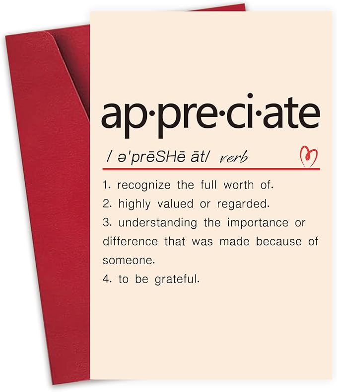 Cute Appreciate Definition Card, Funny Thank You Card for Him Her, Lovely Thankful Greeting Card for Teacher Boss