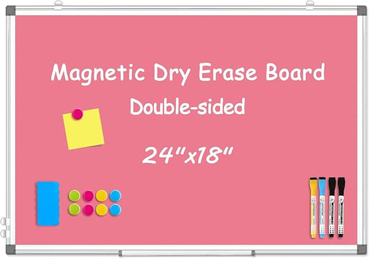 WALGLASS Magnetic Whiteboard 24"x18" Dry Erase White Board for Walls with Pen Tray, Aluminium Frame and Dry-Wipe Writing Surface for Kids' Drawing, Home, and Office (Pink)