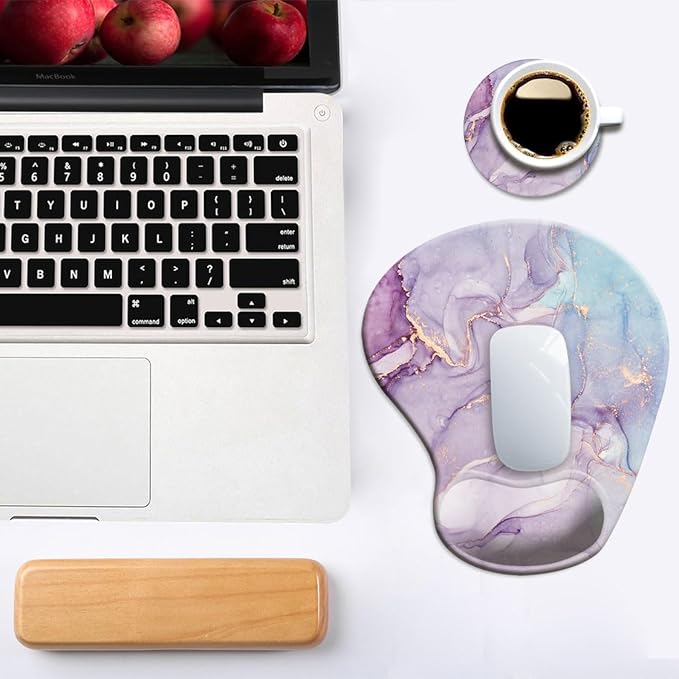 DOOKE Ergonomic Mouse Pad with Wrist Support and Coaster,Mouse Pads with Non-Slip PU Base for Home Office Working Studying Easy Typing & Pain Relief Purple Marbling