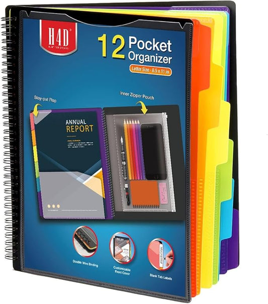 H4D 12 Pocket Poly Project Organizer, Spiral Multi Pocket Folder Organizer, Multi-Subject Folder Notebook, Letter Size