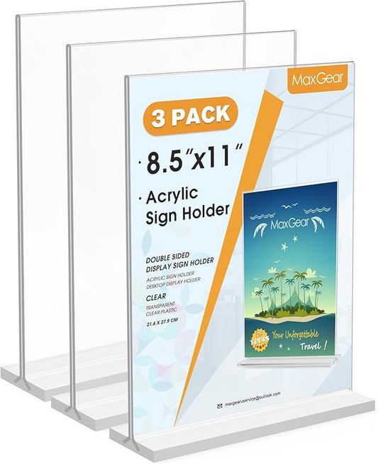 MaxGear 8.5x11 Acrylic Sign Holder 3 Pack, Clear Table Menu Display Stand Plastic Document Paper Holder Double Sided Flyer Holder T Shape Sign Frame for Store, Restaurant, Hotels, Office