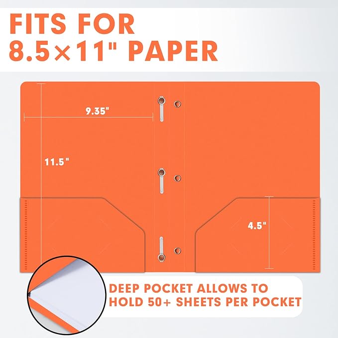 Plastic 2 Pocket Folders with Prongs, 30 Pack, Heavyweight, Letter Size Poly Folders with 3 Metal Prongs Fastener Clips (Orange)