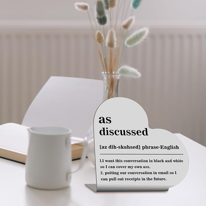 Funny Office Home Decor, Home Office Desk Accessories for Women Men, Heart Stainless Steel Plaque Sign for Desk Table Book Shelf Decor(As Discussed Noun Definition)