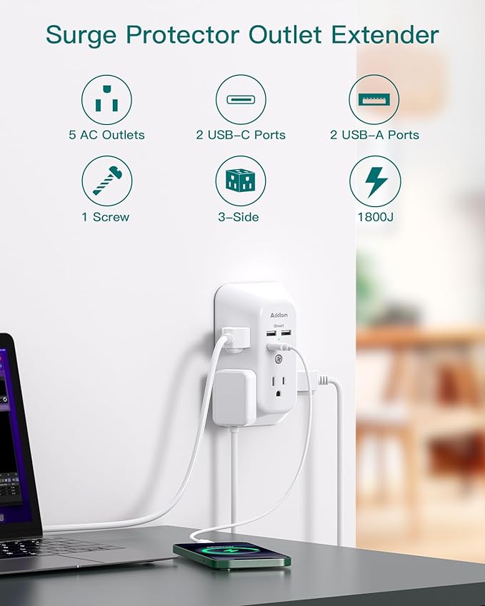 Outlet Extender Surge Protector - Addtam 5-Outlet Splitter with 4 USB Wall Charger(PD 30W), Multi Plug Wall Outlet Power Strip for Home, Dorm Room Essentials