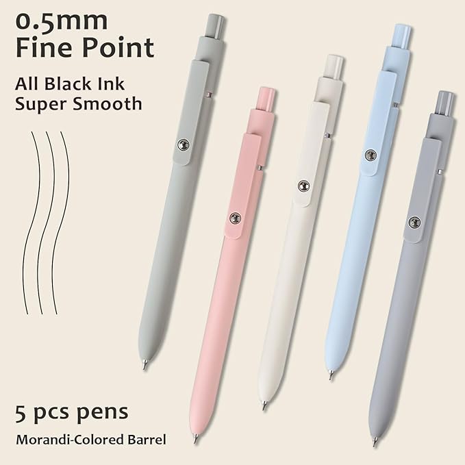 Gel Pens, 5Pcs 0.5mm Fine Point Black Ink Pens With Smooth Wirting,Qucik Dry Pens For Journaling, Cute Nice Aesthetic Pens, Office School Supplies for Women Men Student(Morandi)