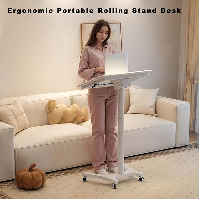 Rolling Standing Desk,Portable Standing Desk with Wheels Adjustable Height Desk Mobile Standing Desk for Home Office, Bedroom,Couch（White）
