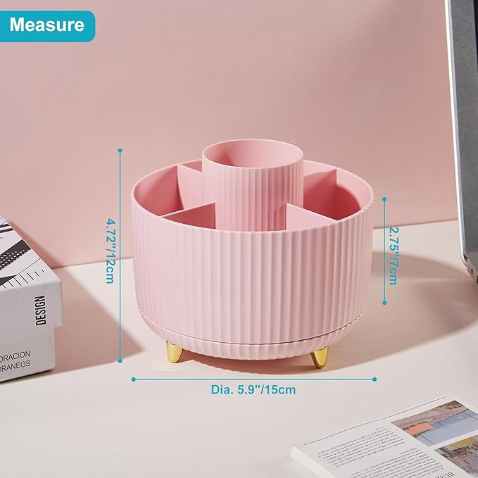 360 Degree Rotating Desk Pen Pencil Holder, 5 Slots Pencil Organizer Desk Organizers and Accessories, Cute Pen Holder for Desk, Pen Organizer Storage for Office School Home Pink