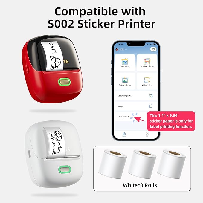 White Self-Adhesive Thermal Paper, Printable Sticker Paper for ORGSTA S002 Portable Sticker Printer, Black on White, 28mm x 3m Mini Printer Paper for Journal, Photo, Study Notes - 3 Rolls