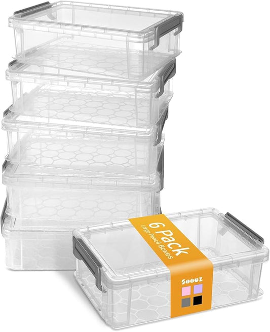 Sooez 6 Pack Extra Large Pencil Box, Plastic Pencil Case Crayon Box Bulk, Clear Marker Organizer Plastic Containers with Lid, Stackable Storage Box for Craft, Pen, Art, School Supply, Grey