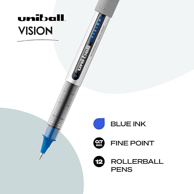Uni-ball® Vision™ Rollerball Pens, Fine Point, 0.7 mm, Gray Barrel, Blue Ink, Pack Of 12