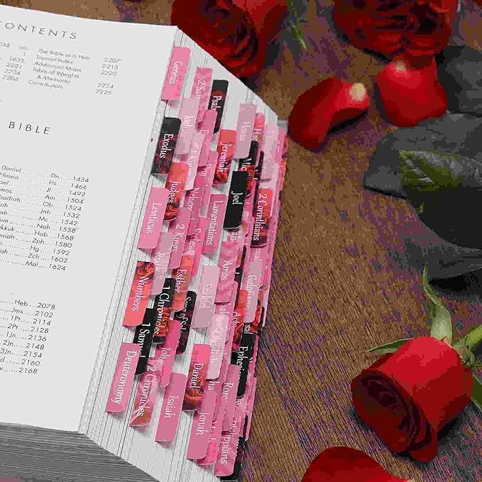 Thinkor Reposition Laminated Bible Tabs, Large Print Stickers, Easy to Read and Apply Bible Tabs for Women and Man (Pink Rose Print)