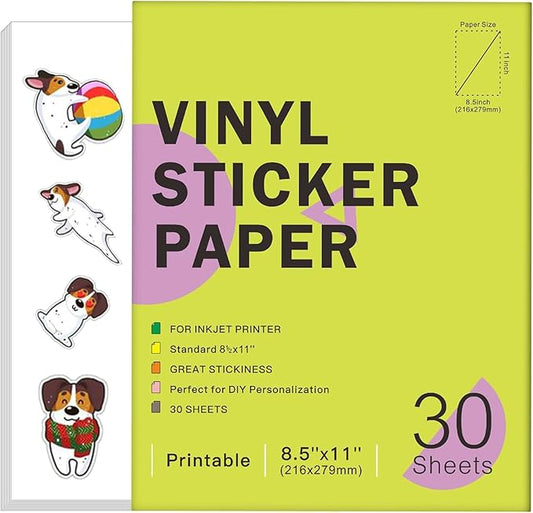 30 Sheets Premium Printable Vinyl Sticker Paper for Inkjet Printers Glossy White 8.5x11 Inch Waterproof & Vibrant Colours Retains Ink Well Tear Resistant Great for Cutting Machines