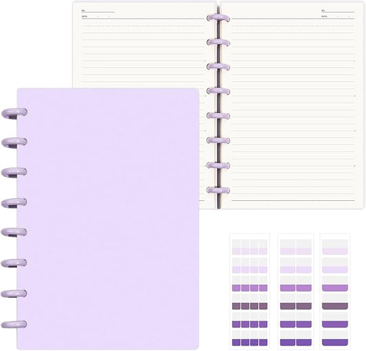 Discbound Notebook, 8-Disc Disbound Planner with Removable Pages, 180 Pages Spiral Notebook, Poly Cover Discbound Planner for Work, Travel, Note Taking(With Index Sticker),Purple,A5
