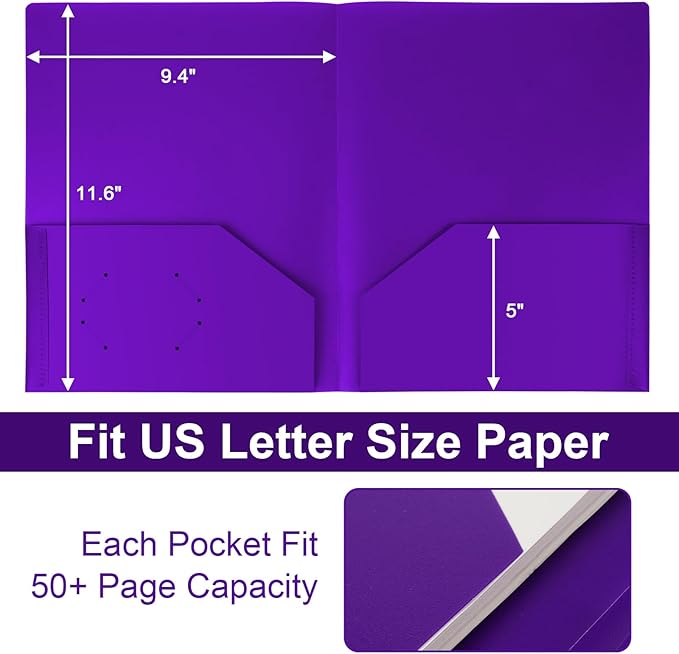60-Pack Plastic Folders with Pockets,2-Pocket Poly Folders Holds 8-1/2" x 11" Paper for School/Office/Home, Purple
