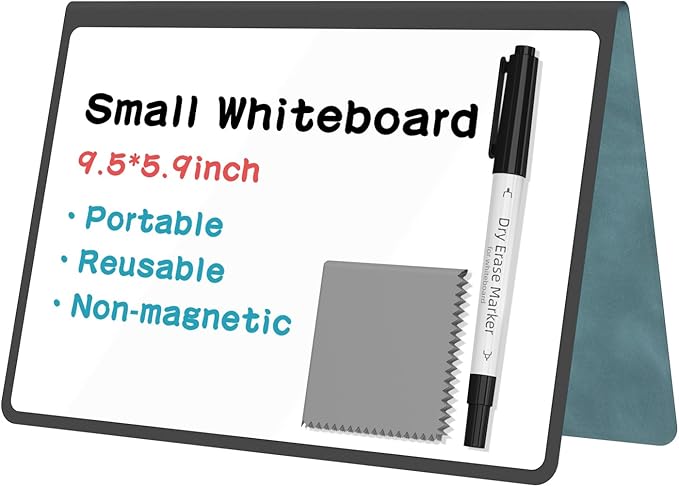 Portable Dry Erase Board,Reusable Whiteboard Notebook, Double-Sided White Board PU Cover 9.5"x6.6" with Marker,Wipe Cloth (Blue)
