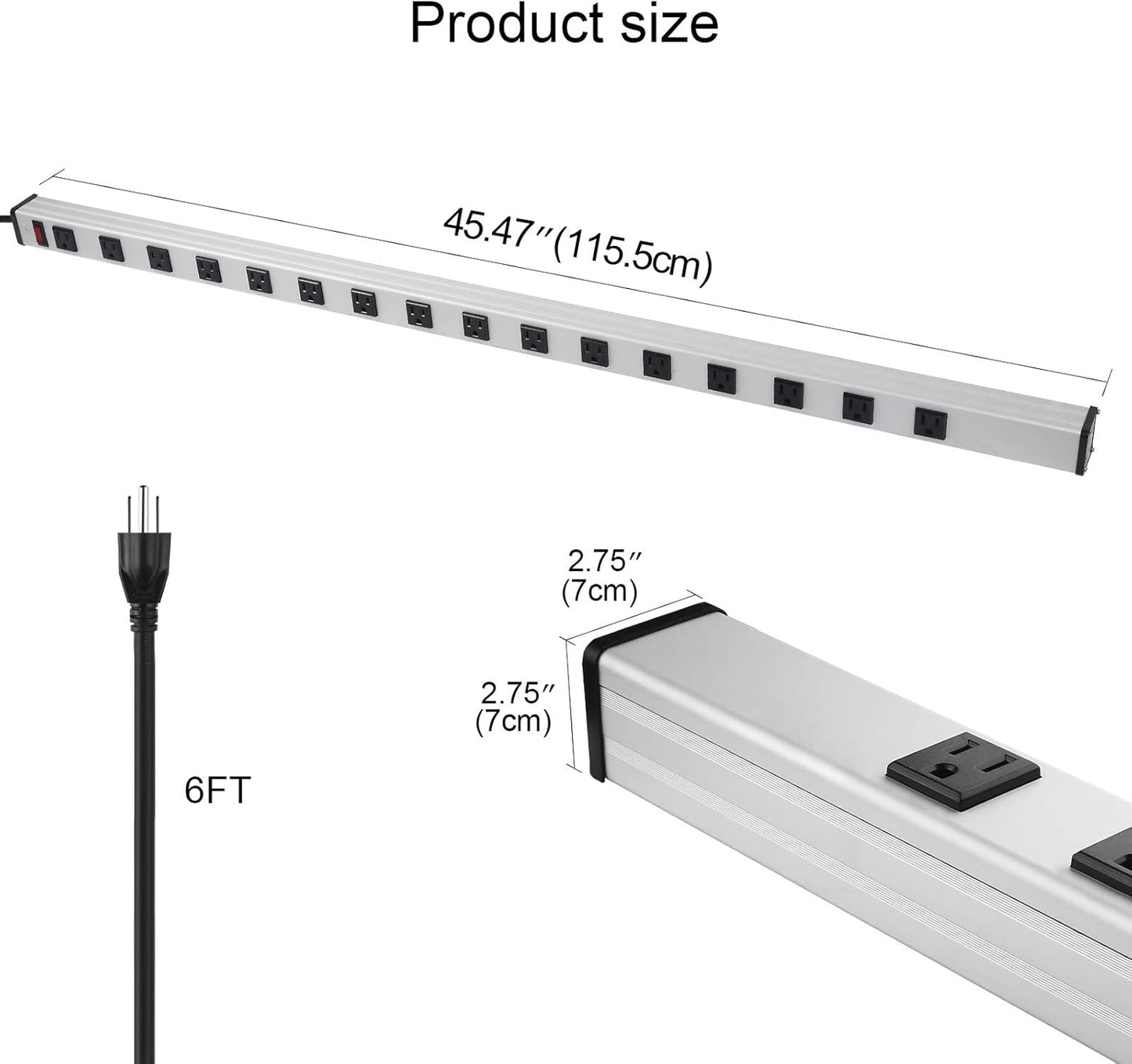 Long Heavy Duty Power Strip, 16 Outlet Large Metal Power Strip, Garage Workshop Multi Wide Industrial Power Strip. 6FT Cord 15A, 125V, 1875W (Sliver)