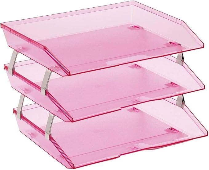 Acrimet 3 Tier Side Load Letter Tray Facility, Desktop File Organizer, A4 Letter Size Paper Organizer, Minimalist Storage Solution Paper Tray for Office, Home, Classroom (Plastic, Clear Pink Color)