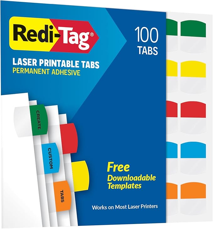 Redi-Tag Laser Printable Tabs, Permanent Index Tabs, Customizable Adhesive Labels, Assorted Primary Colors, 1.125" x 1.25", 100 Per Pack (1006555)