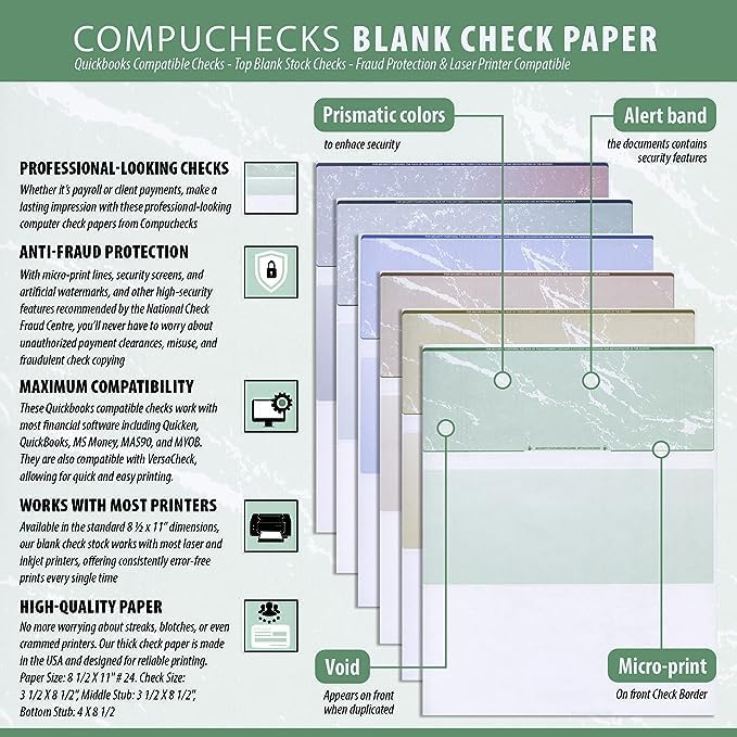 Compuchecks Check on Top Blank Check Paper - 1000 Pack, Quick-Books & Laser Printer Compatible - Security Business Checks with Voucher - 8.5" x 11" Green Pinstripe