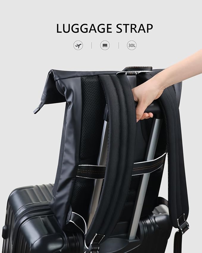 Rolltop Travel Commuter Backpack for Men Black Faux Leather Knapsack and Laptop Compartment College Necessities Casual Daypack Expandable Bag