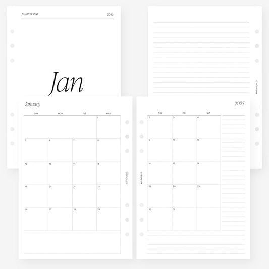 A5 2025 Month on Two Pages Monthly Planner Insert Agenda Refill for 6 ringed A5 Filofax, Kikki K, LV GM agendas (Monthly with Notes (Sunday Start, Separable Months))