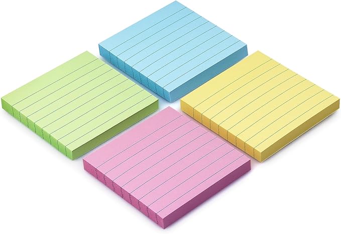 Lined Sticky Notes 3x3 Sticky Notes with Lines Self-Stick Notes Bright Color 4 Pads 90 Sheets/Pad (Pastel)