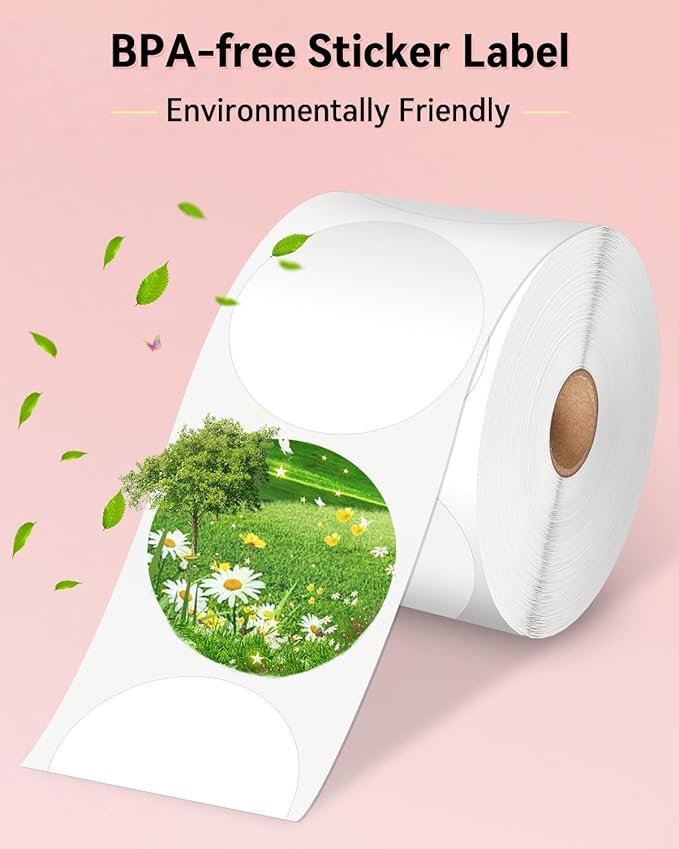 Phomemo 2” White Circle Thermal Label, Self-Adhesive Round Sticker Label, Circular Direct Thermal Printer Label for Phomemo 241bt, D520BT, B246D Label Printer, 750 Labels/Roll, White