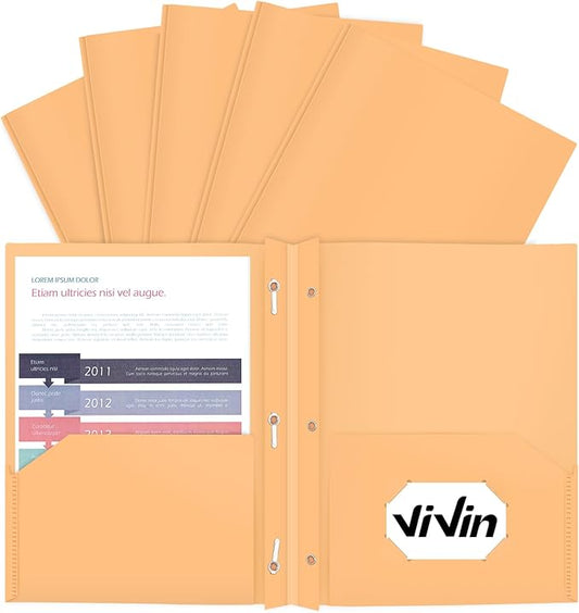 ViVin 12-Pack Sturdy Plastic Folders with Pockets and Prongs, Pastel Color 2 Pocket Poly Folder, fits 8.5 * 11 Letter Size Paper, for School, Home and Office (Light Yellow)