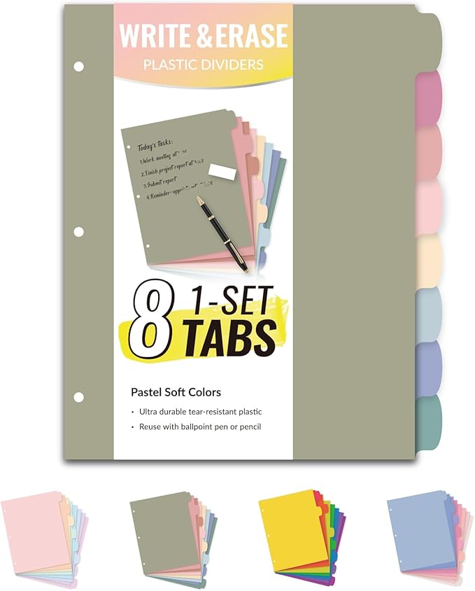 Sooez 8-Tab Durable Plastic Write & Erase Big Tab Dividers for 3 Ring Binder, Aesthetic Cute Pastel Binder Dividers for Student, Teacher, Office, Home Organizers, 1 Sets, Morandi