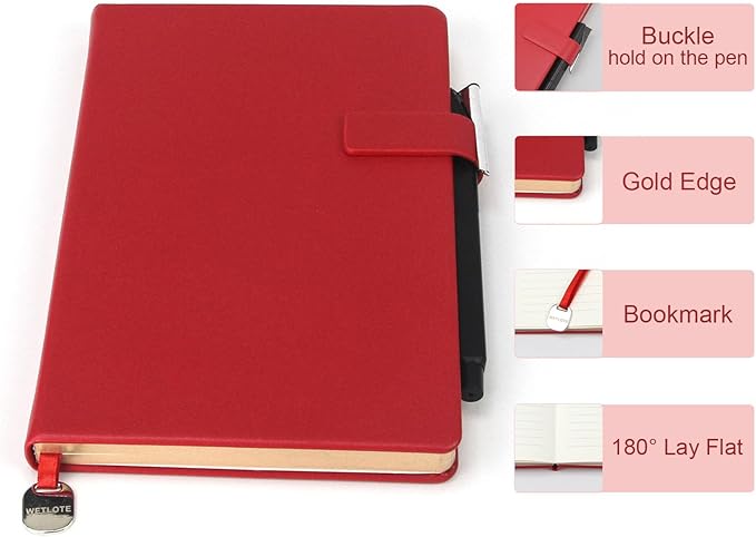 A5 Hard Cover Notebook with Pen Holder, Gold Edges & 180° Lay Flat - Large 5x8.25 Lined, Bookmark, Gift Box - Durable Journal for Office, Study, Travel - Writers, Students (Red)
