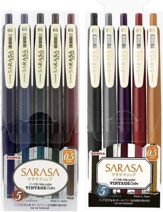 Zebra Sarasa Clip 0.5 Retractable Gel Ink Pen, Rubber Grip, 0.5 mm, Vintage Colors, 10 Color Bundle (JJ15-5C-VI+JJ15-5C-VI2)