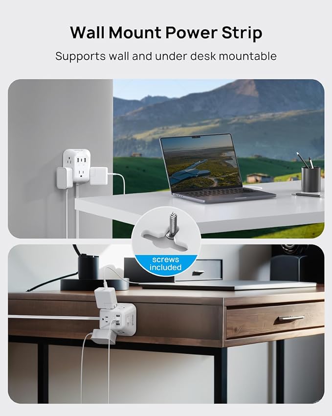 TROND 15ft Long Extension Cord, Ultra Thin Flat Plug Power Strip, 5 Widely-Spaced AC Outlets and 3 USB Ports, 1440J Surge Protector, 3-Sided Wall Mount for Home Office Dorm Room, White