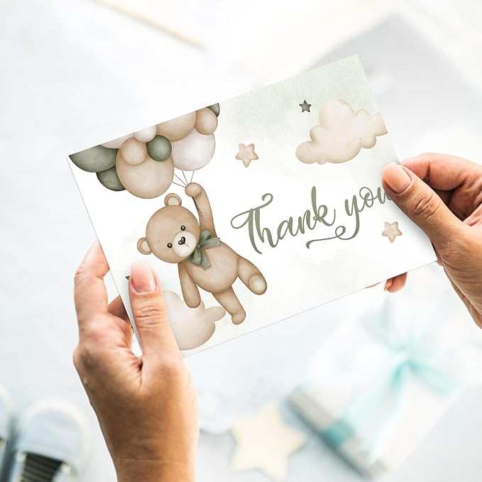 Whaline 24 Pack Bear Thank You Cards Green Bear Balloon Greeting Cards with Envelopes Stickers Cute Cartoon Blank Note Cards for Party Invitation Supplies, 4 x 6 Inch