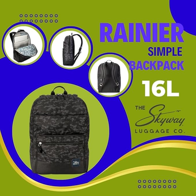 Skyway Luggage Rainier Simple Backpack, Eco-Friendly Made of 100% rPET Travel Laptop Bag for Women & Men, Flight Approved Carry On Bag, 16L, Kohala Black