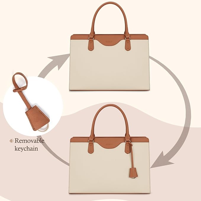 RAINSMORE Laptop Bag for Women 15.6 Inch Waterproof Leather Computer Tote Bag Professional Business Office Work Bags Briefcase Large Capacity Lightweight Women Handbag Shoulder Bag, Beige and Brown