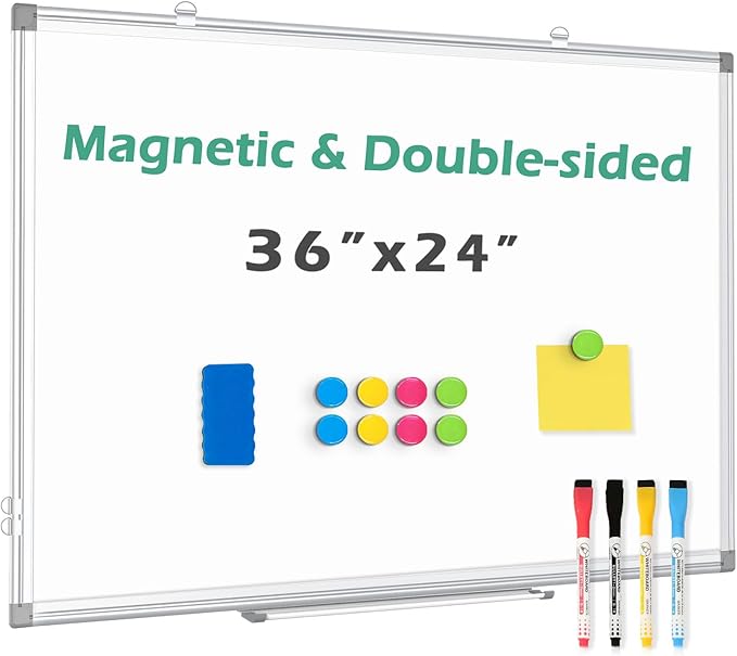 Double Sided Magnetic White Board, 36"x24" Dry Erase Whiteboard for Wall with Aluminum Frame Presentation Board for School, Office and Home