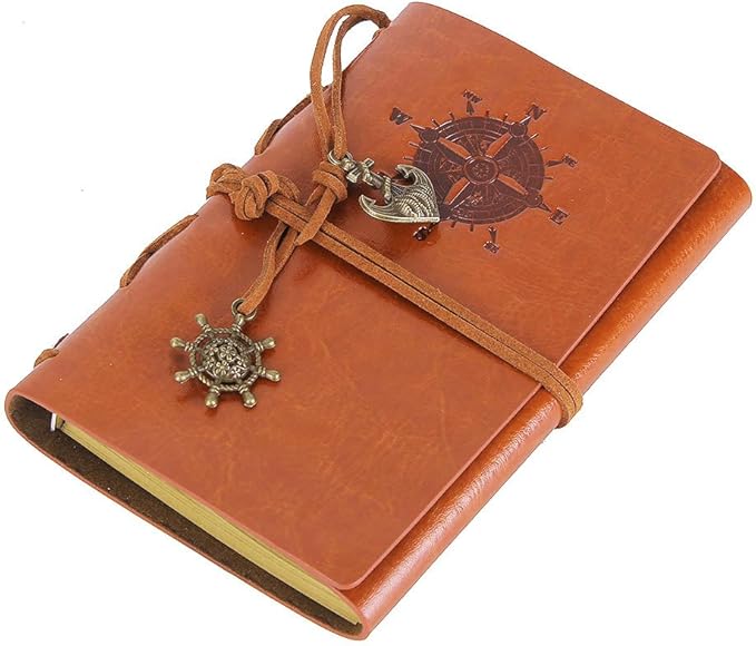 EvZ Leather Writing Journal Notebook, 5 Inches Vintage Nautical Spiral Blank String Diary Notepad Sketchbook Travel to Write in, Unlined Paper, Retro Pendants, Classic Embossed, Brown