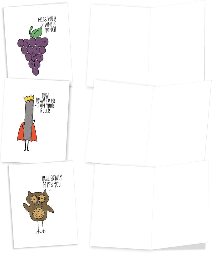 The Best Card Company - 10 Funny Assorted Blank Humor All Occasions Notecards Boxed Set 4 x 5.12 Inch w/Envelopes Cute Word Play for Men, Women (10 Designs, 1 Each) - Fun Puns M2975OCB