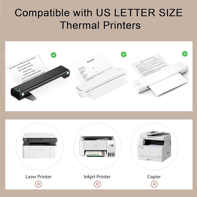 200 Sheets, Thermal Printer Paper 8.5 x 11 Inches, Single US Letter Size, Suitable with Most Thermal Portable Printer, Such M08F/A40, Quick-Drying, Waterproof(Single, Keep 3 Years)