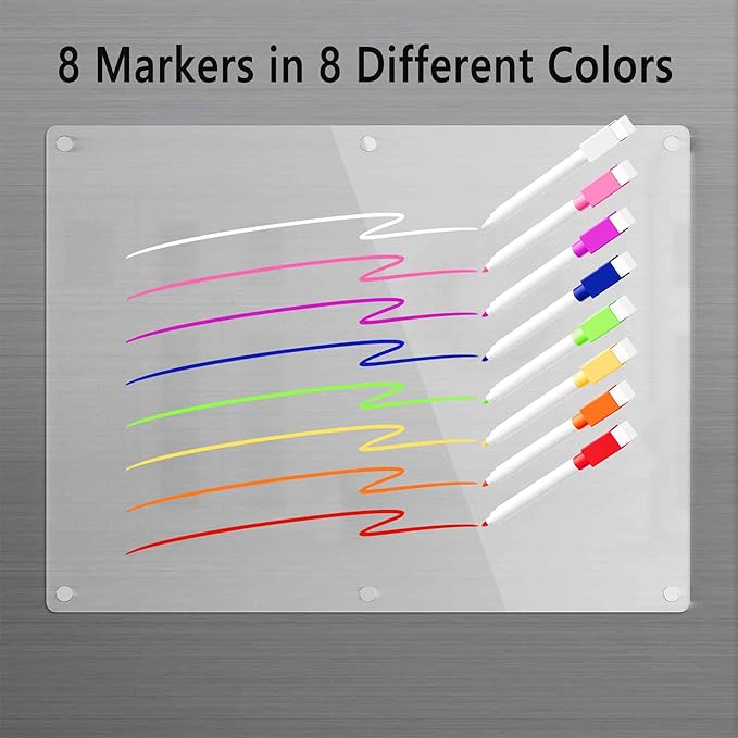Acrylic Magnetic Dry Erase Board for Fridge, Clear Whiteboard for Refrigerator, Notepad Memo to Do/Grocery List White Board, w/ 8 Colors Markers, 15"x11"