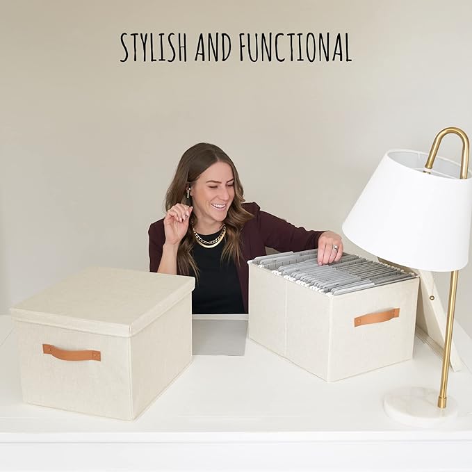 ZICOTO Decorative File Organizer Box Set of 2 - Collapsible Linen Filing Cabinets w/Handles Are Perfect to Store all Your Documents & Hanging File Folders - Portable Easy Slide Crates with Lid