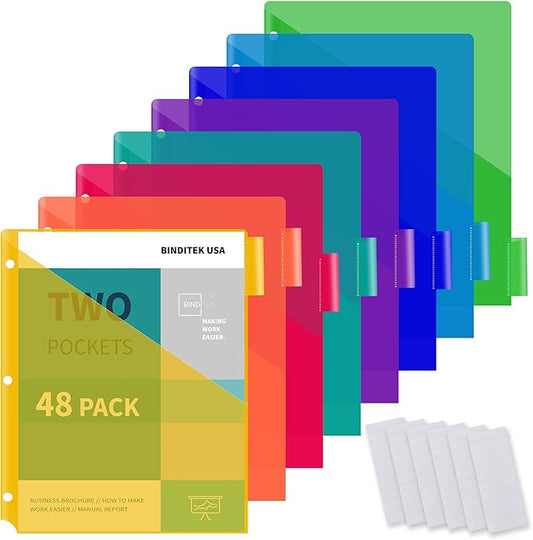 Binditek 48 Pack Plastic 8-Tab Binder Dividers with 2 Pockets, Tab Insertable Poly Pocket Dividers for 3 Ring Binders, Letter Size, Multicolor, Writable Label Cards, for Students and Coworkers, 6 Set