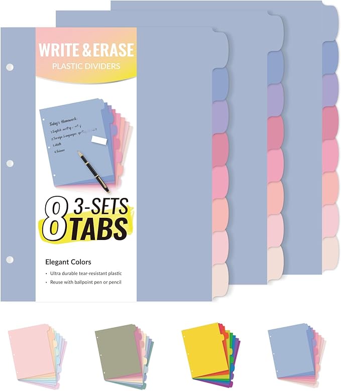 Sooez 8-Tab Durable Plastic Write & Erase Big Tab Dividers for 3 Ring Binder, Aesthetic Cute Pastel Binder Dividers for Student, Teacher, Office, Home Organizers, 3 Sets, Muted