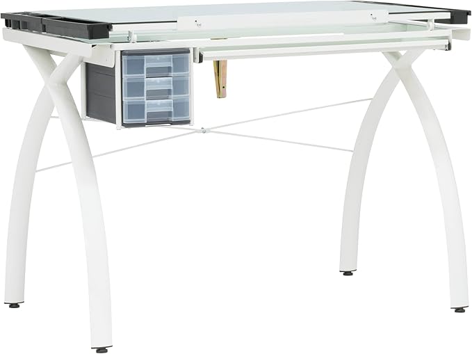 SD STUDIO DESIGNS Futura Craft Station 38" W Drawer and Built-in Pencil Ledge-Tilt Top Drafting Table, Glossy Sage/Clear Glass