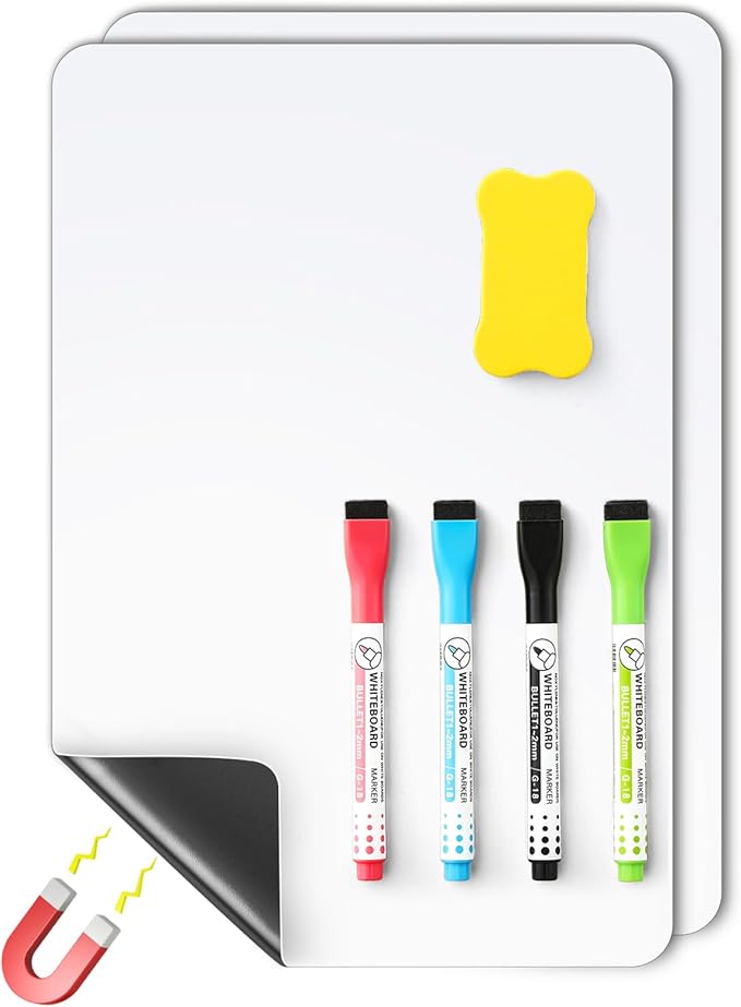 2 Pack Magnetic Dry Erase Board Sheet for Fridge, 12"x8" Erasable Refrigerator WhiteBoard w/ 4 Markers & 1 Eraser- Smooth and Flexible Small Magnet Blank Notepad for Home Kitchen Organizer and Planner