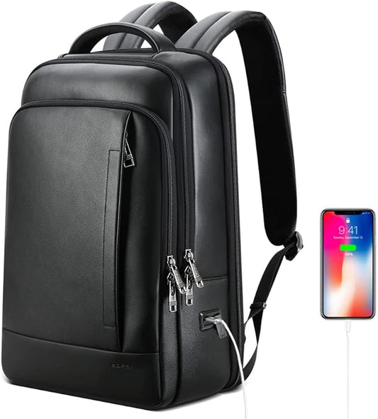 BOPai Genuine Leather Backpack for Men Multi-Function Backpack 15.6 inch Business Laptop Backpack Travel Smart Rucksack with USB Charging Anti Theft Backpack Office Black